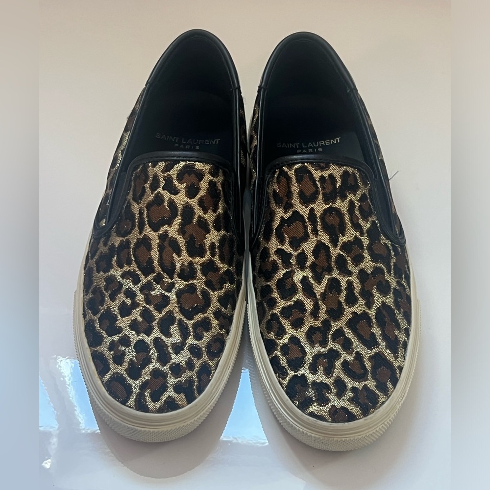 Saint Laurent Gold Metallic Leopard Print Canvas Slip-on Sneakers Size US7